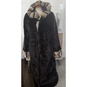 Vintage 70s Black Penny Lane Style Plush Faux Fur Hippie Coat Long HOOD large